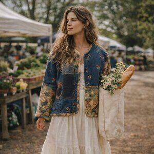 Keren Hart Patchwork Denim Tapestry Jacket Boho Cottagecore Unique Vintage Style